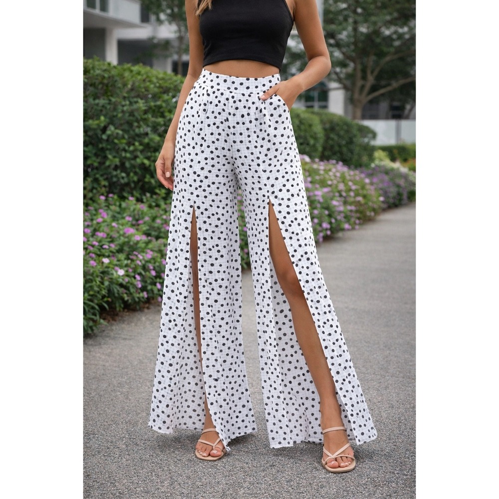 Runaway White Polka‎ Dot Open Front Wide Leg Pants Womens S Retro Chic Flowy